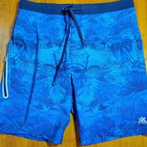 ZEROXPOSUR Mens Swim Trunks Board Shorts Blue Palm‎ Leaf Print Size M